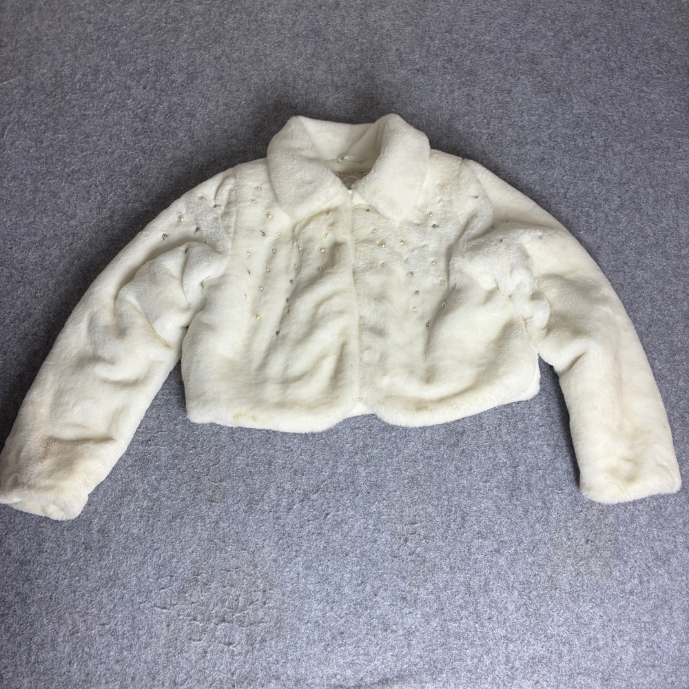 Disney Girls Size 9/10 Cream Faux Fur Jacket Pearl Rhinestone Embellished Ivory